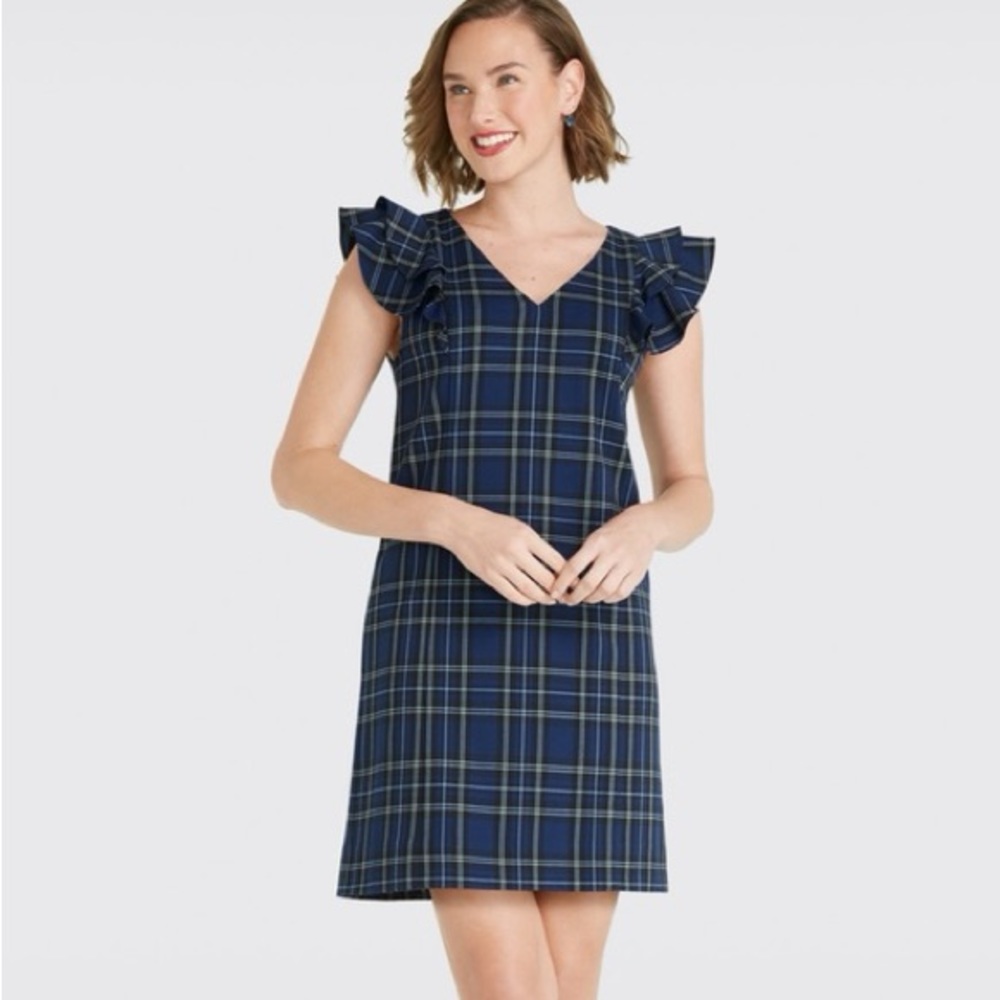 Draper James Ruffle Shoulder Plaid Short Sleeve Dress